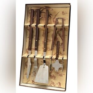 Vintage Cowboy Western Chuck Wagon MCM Teak BBQ Tools Utensil Set Mid Century